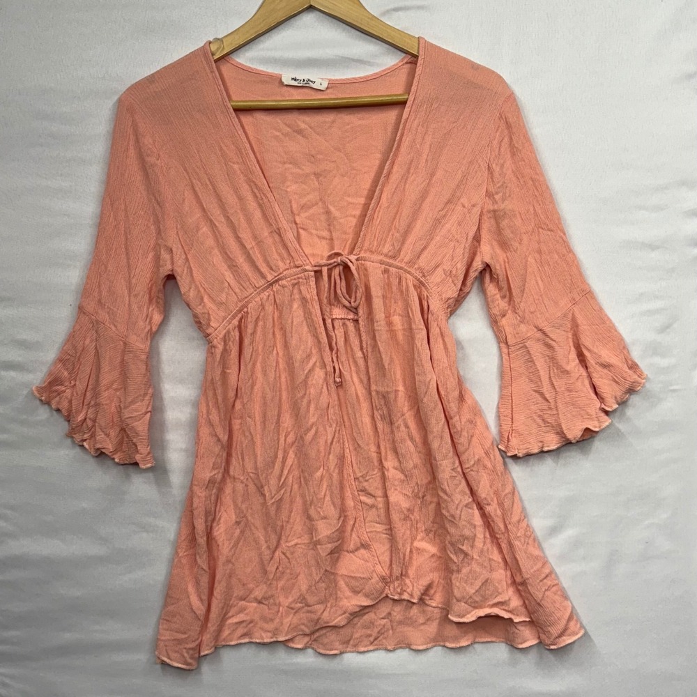Mikey and Joey‎ Peach Crinkle Bell Sleeve Babydoll Tie Front V Neck Tunic Top L